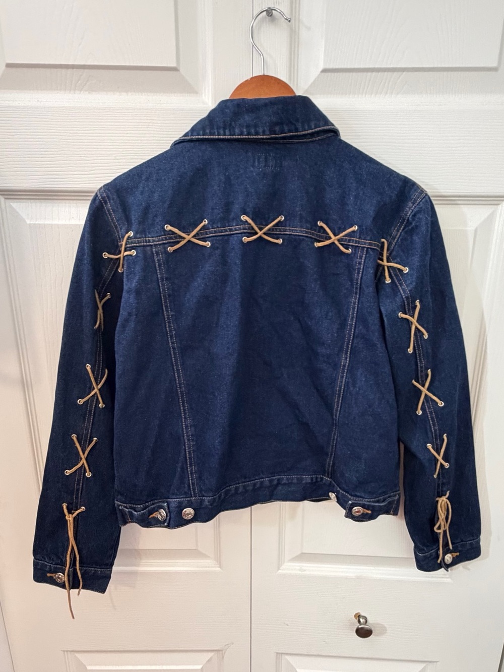 The Blues Missy Vintage Y2K Denim Jacket Small Lace Up Western Dark Wash Jean